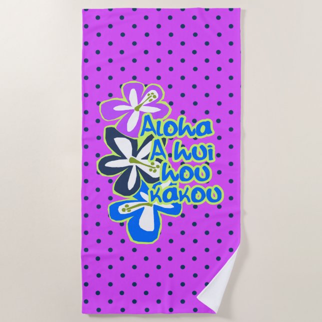 Pokii Hawaiian Aloha Hibiscus Purple Polka Dot Beach Towel (Front)