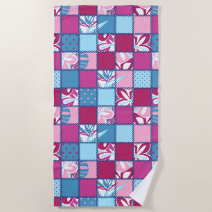Pokii Hawaiian Floral and Dot Patchwork Pink Beach Towel