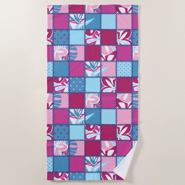 Pokii Hawaiian Floral and Dot Patchwork Pink Beach Towel (Front)