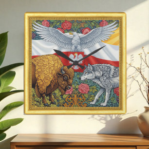 Poland, Bison, Wolf, Polish Eagle, Art Nouveau Square Wall Clock