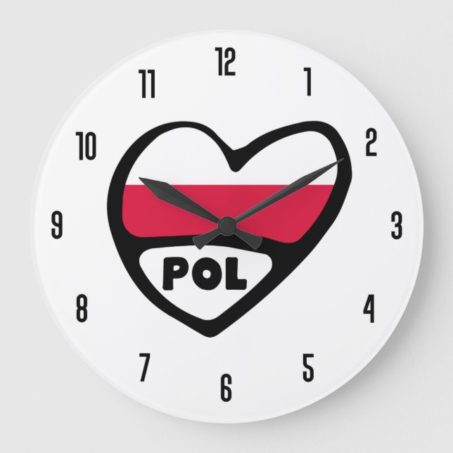 Poland Country Code POL Flag Heart Large Clock (Front)