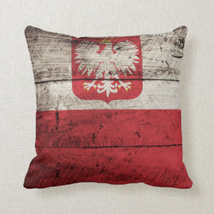 Poland Flag on Old Wood Grain Cushion