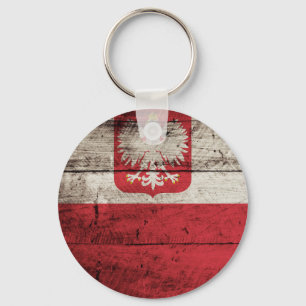 Poland Flag on Old Wood Grain Key Ring
