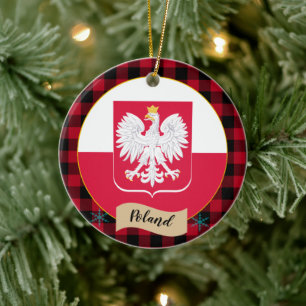 Poland, Red buffalo plaid & Polish Flag Ceramic Tree Decoration