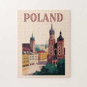 Poland Skyline Illustration Travel Art Vintage Jigsaw Puzzle