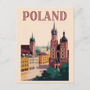 Poland Skyline Illustration Travel Art Vintage Postcard