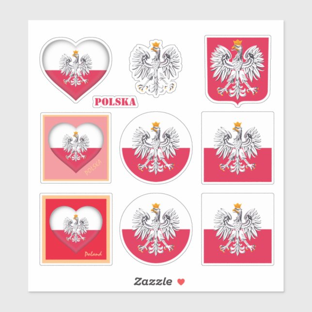 Poland stickers & Polish Flag, Heart travel /sport (Sheet)