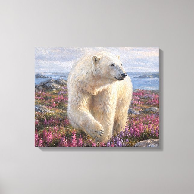 Polar Bear Among Wildflowers Arctic Tundra  Canvas Print (Front)