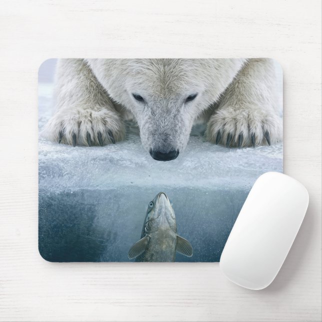 Polar Bear and Fish Standoff  Mouse Mat (With Mouse)
