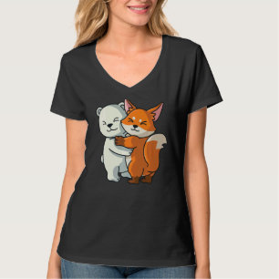 Polar Bear And Fox Cute Animal Hugging Women Girl T-Shirt