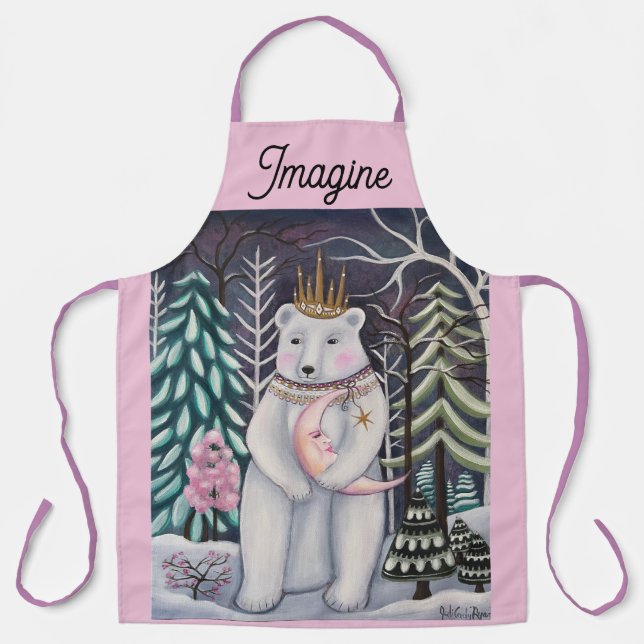 Polar Bear and Moon Winter Whimsical Art Apron (Front)
