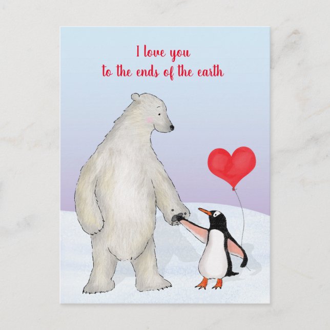 Polar bear and penguin 'love you' postcard (Front)