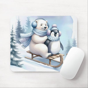 Polar Bear and Penguin On a Sled Mouse Mat