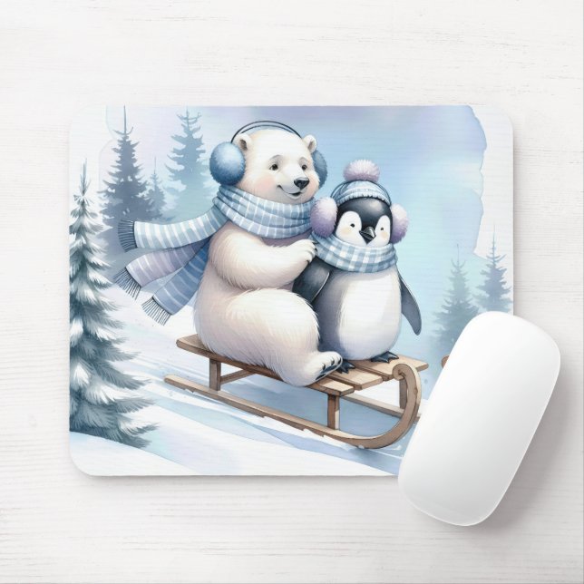 Polar Bear and Penguin On a Sled Mouse Mat (With Mouse)