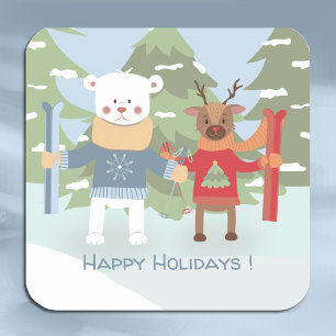 Polar Bear and Reindeer with Skis Holiday Sticker