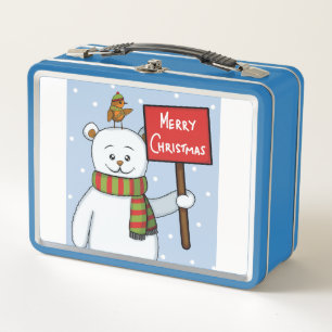 Polar Bear and Robin Christmas Greeting Metal Lunch Box