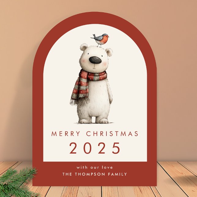 Polar Bear and Robin  Merry Christmas Arch Holiday Card (Creator Uploaded)