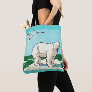 polar bear and seagulls print tote bag