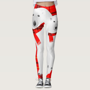 Polar Bear and White Wolf Red Plaid Scarf Leggings