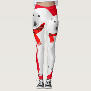Polar Bear and White Wolf Red Plaid Scarf Leggings