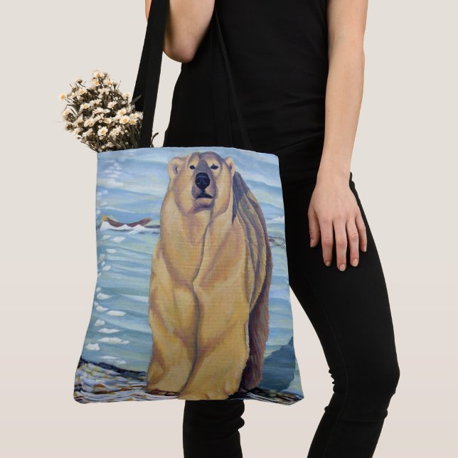 Polar Bear Art Tote Bag Wildlife Art Shopping Bag (Close Up)