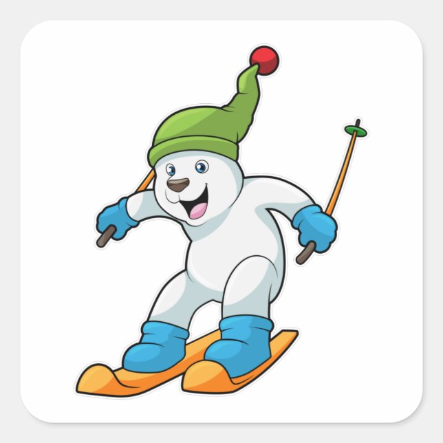 Polar bear as Skier with Ski & Bobble hat Square Sticker (Front)