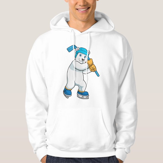 Polar bear at Ice hockey with Ice hockey stick Hoodie (Front)