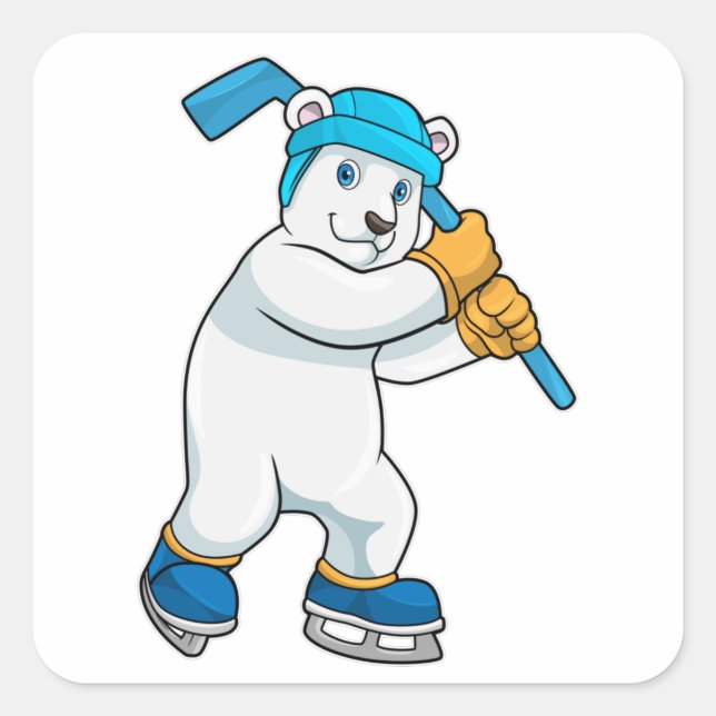 Polar bear at Ice hockey with Ice hockey stick Square Sticker (Front)