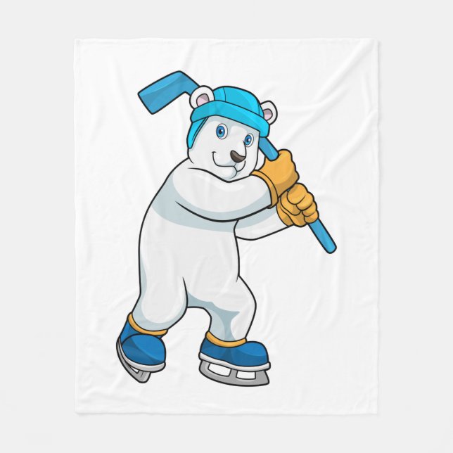 Polar bear at Ice hockey with Stick Fleece Blanket (Front)