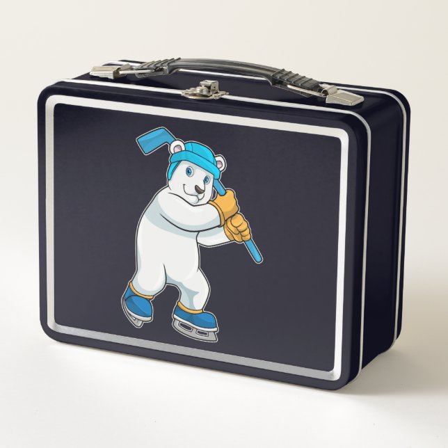 Polar bear at Ice hockey with Stick Metal Lunch Box (Front)
