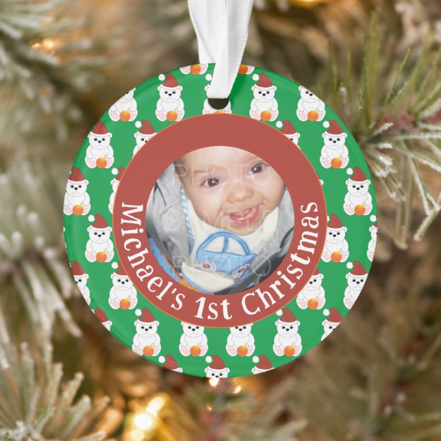 Polar bear baby 1st Christmas Customise photo text Ornament (Tree)