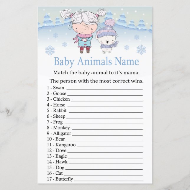 polar bear Baby Animals Name Game baby shower (Front)