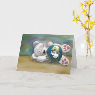 Polar Bear baby cub holding planet earth day Card