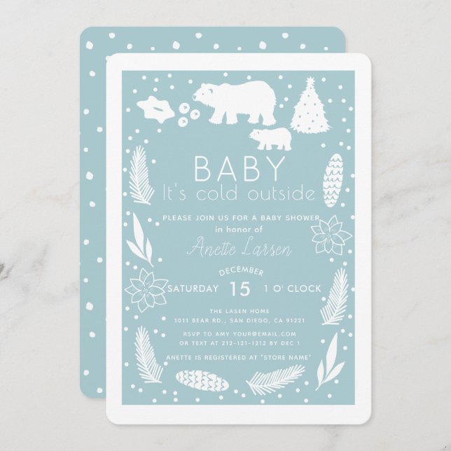 Polar Bear Baby It's Cold Outside Blue Baby Shower Invitation (Front/Back)