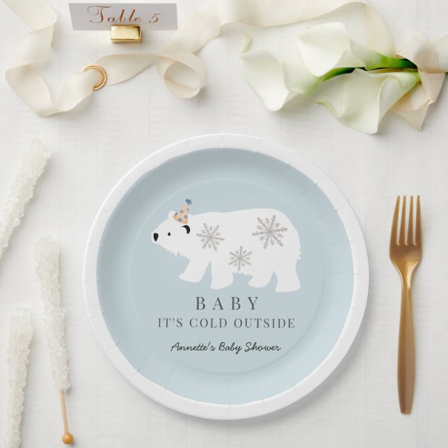 Polar Bear Baby It's Cold Outside Blue Baby Shower Paper Plate (Wedding)