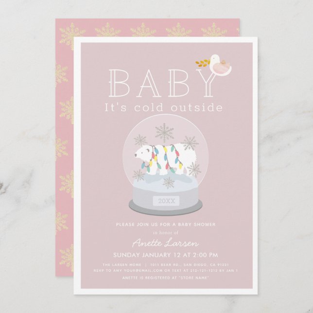 Polar Bear Baby Its Cold Outside Pink Baby Shower Invitation (Front/Back)