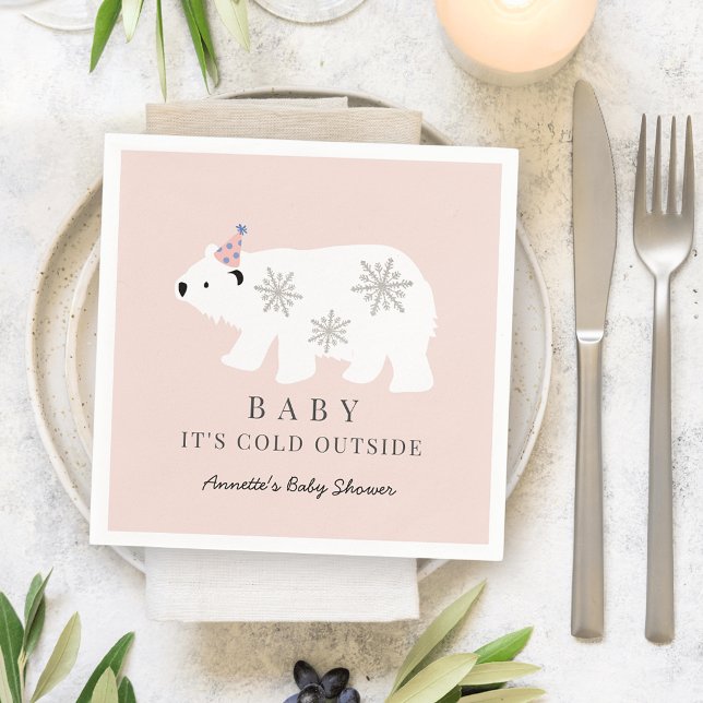 Polar Bear Baby It's Cold Outside Pink Baby Shower Napkin (Creator Uploaded)