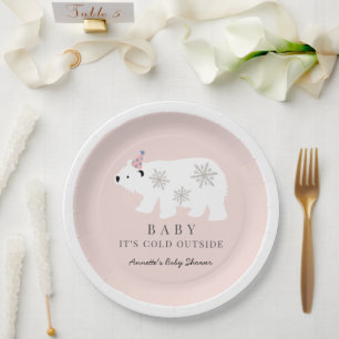 Polar Bear Baby It's Cold Outside Pink Baby Shower Paper Plate