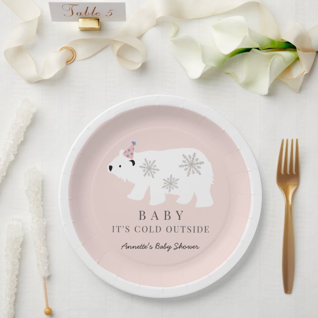 Polar Bear Baby It's Cold Outside Pink Baby Shower Paper Plate (Wedding)