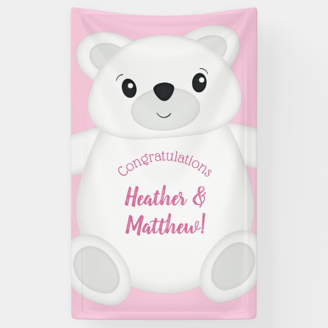 Polar Bear Baby Shower Pink Banner (Vertical)