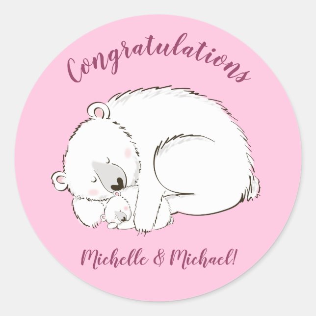 Polar Bear Baby Shower Pink Girl Classic Round Sticker (Front)