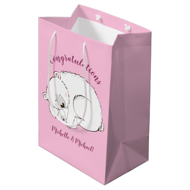 Polar Bear Baby Shower Pink Girl Medium Gift Bag (Back Angled)