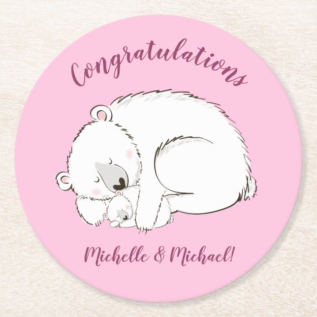 Polar Bear Baby Shower Pink Girl Round Paper Coaster (Front)