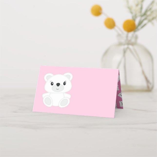Polar Bear Baby Shower Pink Place Card (Front)