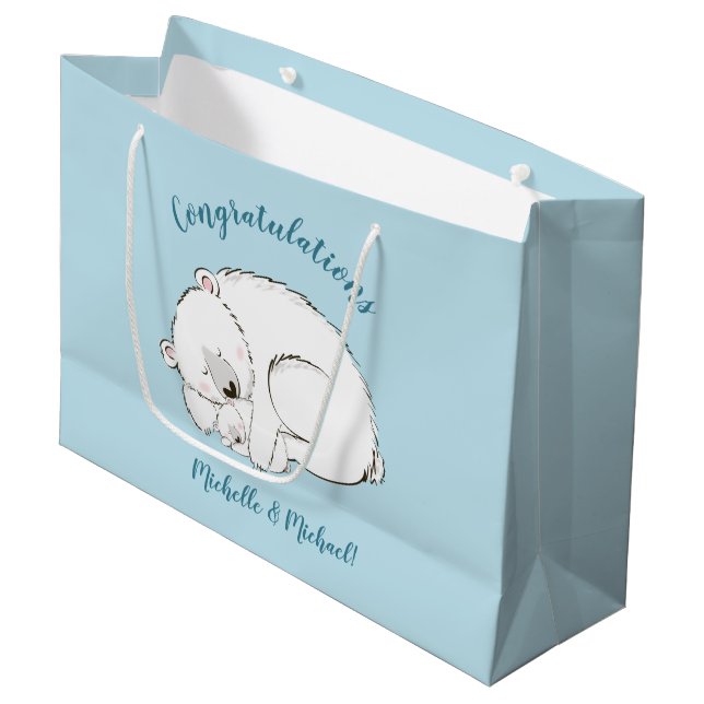 Polar Bear Baby Shower Winter Blue Boy Large Gift Bag (Front Angled)