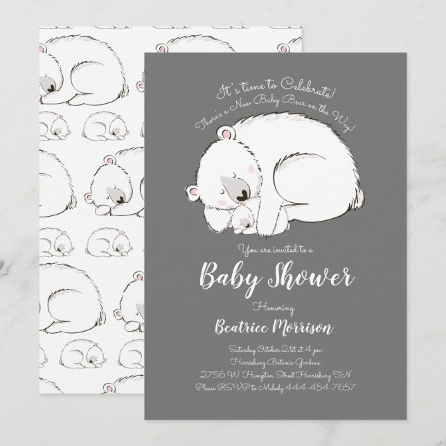 Polar Bear Baby Shower Winter Gender Neutral Grey Invitation (Front/Back)