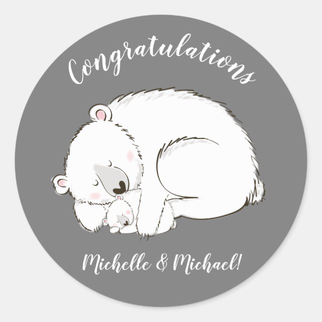 Polar Bear Baby Shower Winter Grey Gender Neutral Classic Round Sticker (Front)