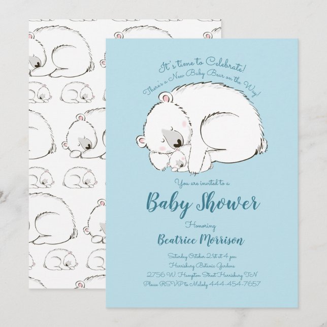 Polar Bear Baby Shower Woodland Winter Boy Blue Invitation (Front/Back)