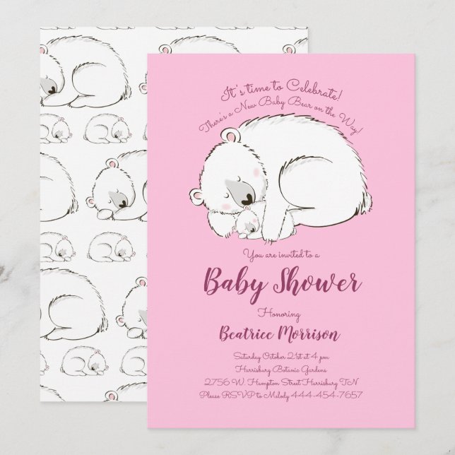 Polar Bear Baby Shower Woodland Winter Pink Girl Invitation (Front/Back)