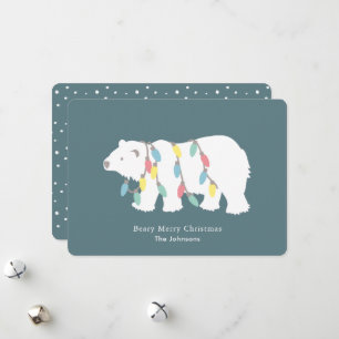 Polar Bear Beary Merry Christmas Lights Teal Holiday Card